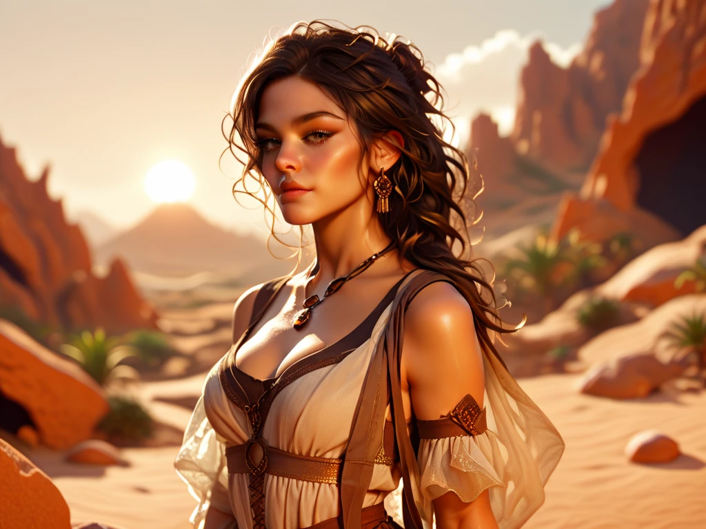 Emma Watson, Long Hair:2.0, “(best quality,4k,height,Masterpiece:1.2),very detailed,(realistic,photorealistic,photo-realistic:1.37),Portrait,desert, Rifle, Fine texture, tattoo, incredible light, bright colors, , intense stare, Long, flowing hair, , Intricate engraving, Shell casing, dynamic gesture, strong facial features, Eye piercing, desert sunset, rough terrain, smoke trail, Powerful gestures, intense shadow, dust particles, complicated jewelry, Tribal pattern"