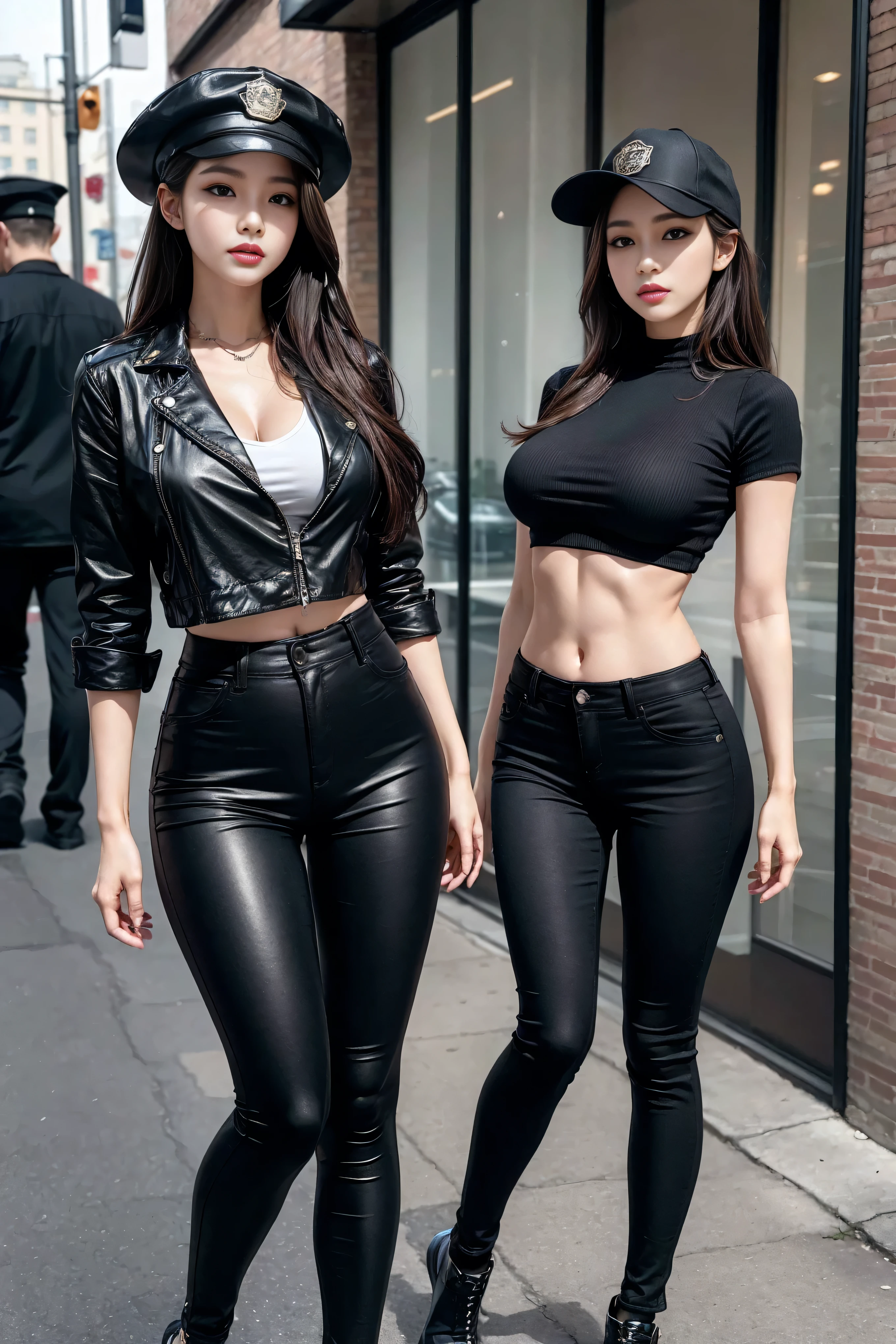 physically-based rendering , (1个woman孩:1), woman, ( Beautiful :1.2), street, Sexy Muscular Body , Slim waist, (Big Shot:1.Keep, Tight black pants , Wear American style, Wearing a police hat ,