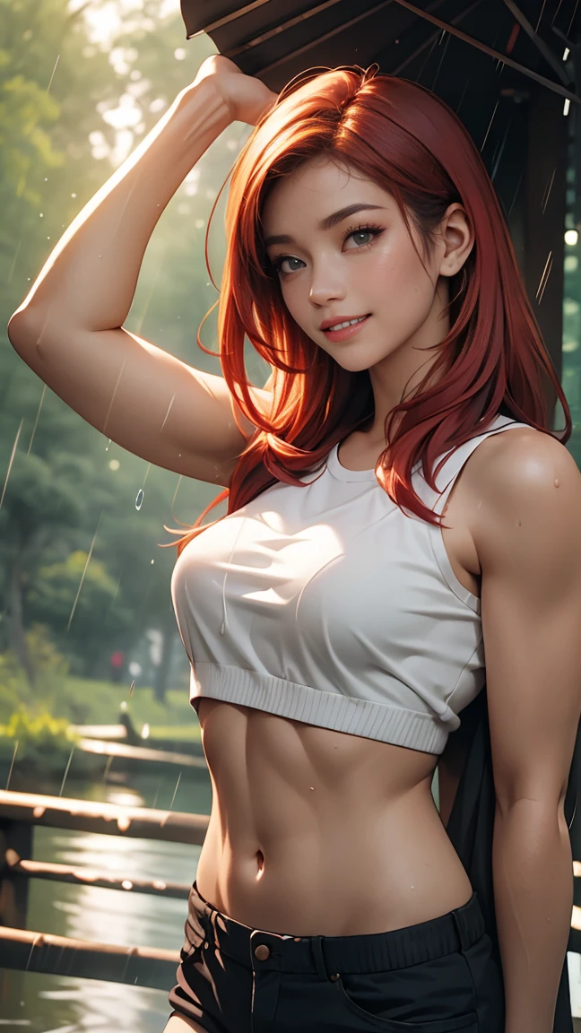 (muscular:2.3), (thick thighs:2.3), (abs:2),
(ginger female, red hair, pale skin:1.5), (big smile:2), (long ponytail:1.3),
red lipstick, eyeshadow, red lips,
(hard nipples), (perky breasts:2),
(hooters girl outfit, tight orange shorts, choker, midriff, white cropped tshirt:1.6), (cleavage, midriff:1.7),
looking at viewer, (three quarter view:1.4), cropped knees,
(in a restaurant), rim lighting, two tone lighting, dim lighting, bokeh, detailed skin, detailed eyes