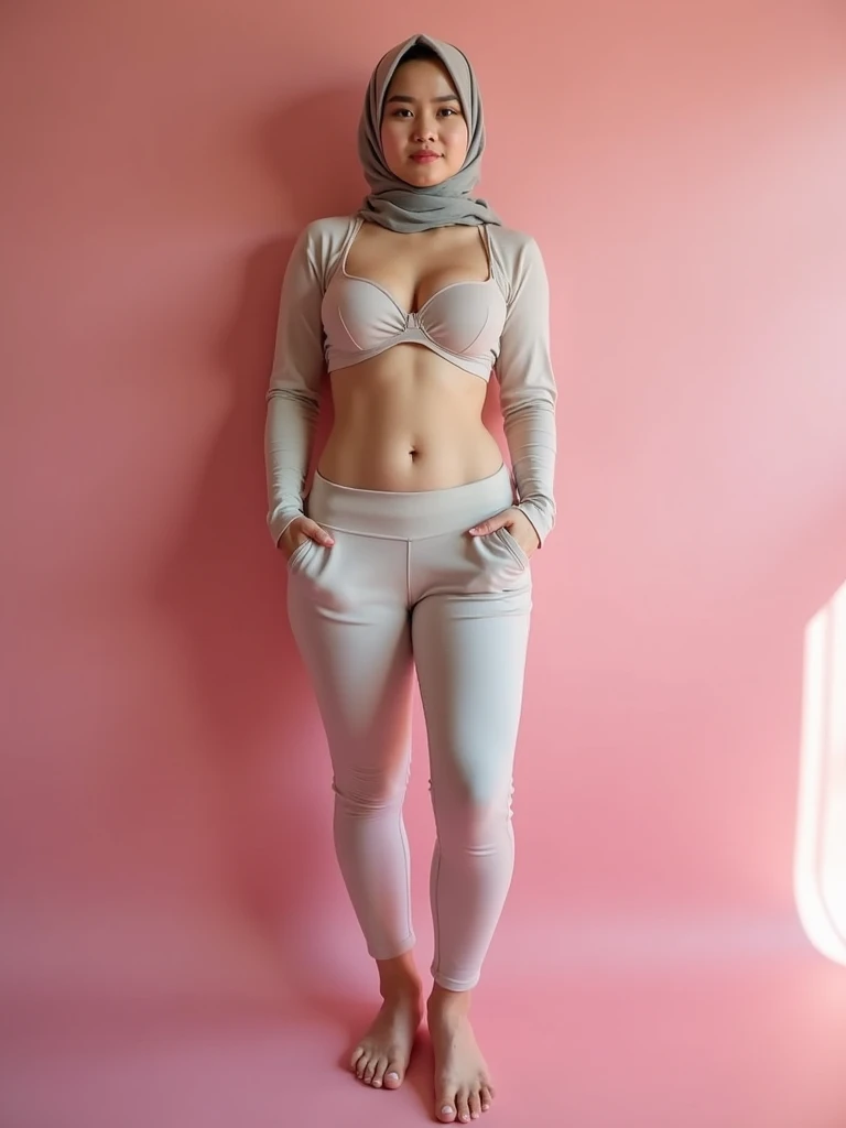 naughty, (iu:0.8),cleavage, RAW, Best quality, high resolution, Masterpiece: 1.3, Beautiful glasses pearl_skinned sexy hijabi malaysian wearing light pastel sport bra and very tight light pastel legging, nice pose. naughty pose. hold panties. evening view. forest mossy. waterfall view. water splash. sea view, freestyle pose. Masterpiece, Soft smile. 8k hd photo