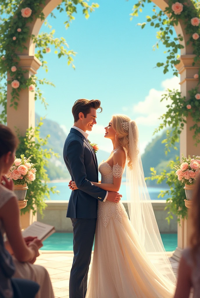 create Pixar-style animation, ........3d, desenho animado estilo Disney, rosto detalhado, Asymmetrical 16k scene and The bride and groom stand together in front of a table, posando para uma foto. The bride is in white dress her and white blonde light brown eyes , While the groom is in a black suit, white tie, he is light brunette, black hair, gradient cut, no beard, light brown eyes. They're both smiling and seem to be enjoying the moment. A Shih-tzu puppy 
White with spots, light caramel color, black suit with black bow tie, is also present in the scene, parado ao lado do casal, Giving a touch of warmth and playfulness to the photo. The couple is surrounded by a beautifully decorated area, with a potted plant nearby and a pot placed on the table. The overall atmosphere of the image is joyful and celebratory