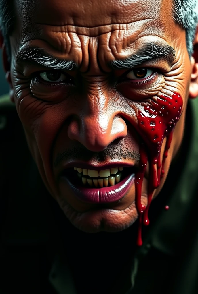 Close-up of a blood-stained Salvador Dali mask lying on the ground, sirens faintly visible in the background."