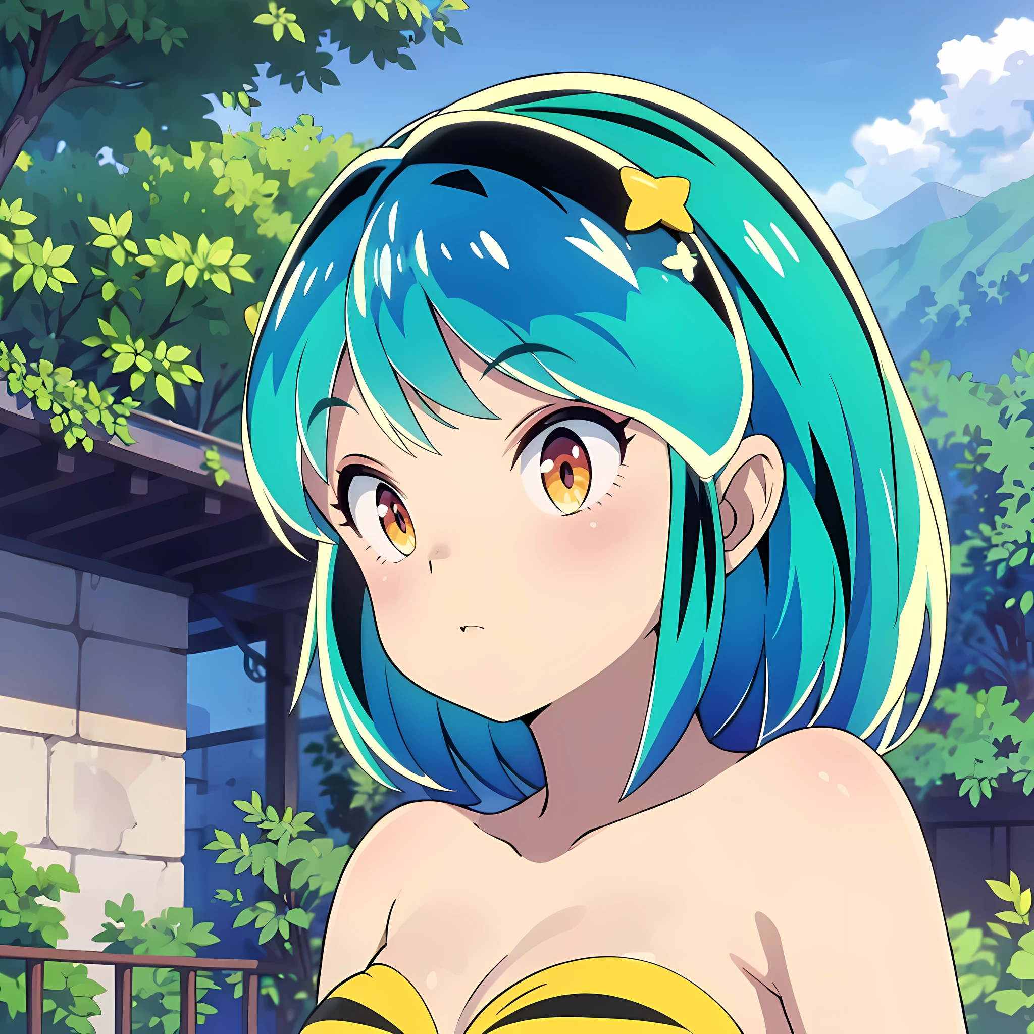 (masterpiece, top quality), EXTREMELY detailed CG Unity 8k wallpaper, high definition, bold composition, masterpiece, best quality, amazing quality, very aesthetic, high resolution, ultra-detailed, absurdres, newest, scenery, depth of field, voLumetric lighting , artistic composition, anime screencap , 1 girl, lum, lum_bikini, anime, face up, attractive, 18 years old, short hair, embarrassing, sexy, spoiled, from side, looking up, blushing, touching hair with own hand, shrugging, green hair, orange eyes
