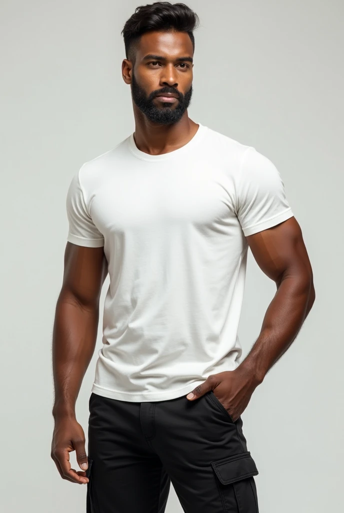 (photorealism:1.2), male adult, full body, black pants, white t shirt, triangle hand