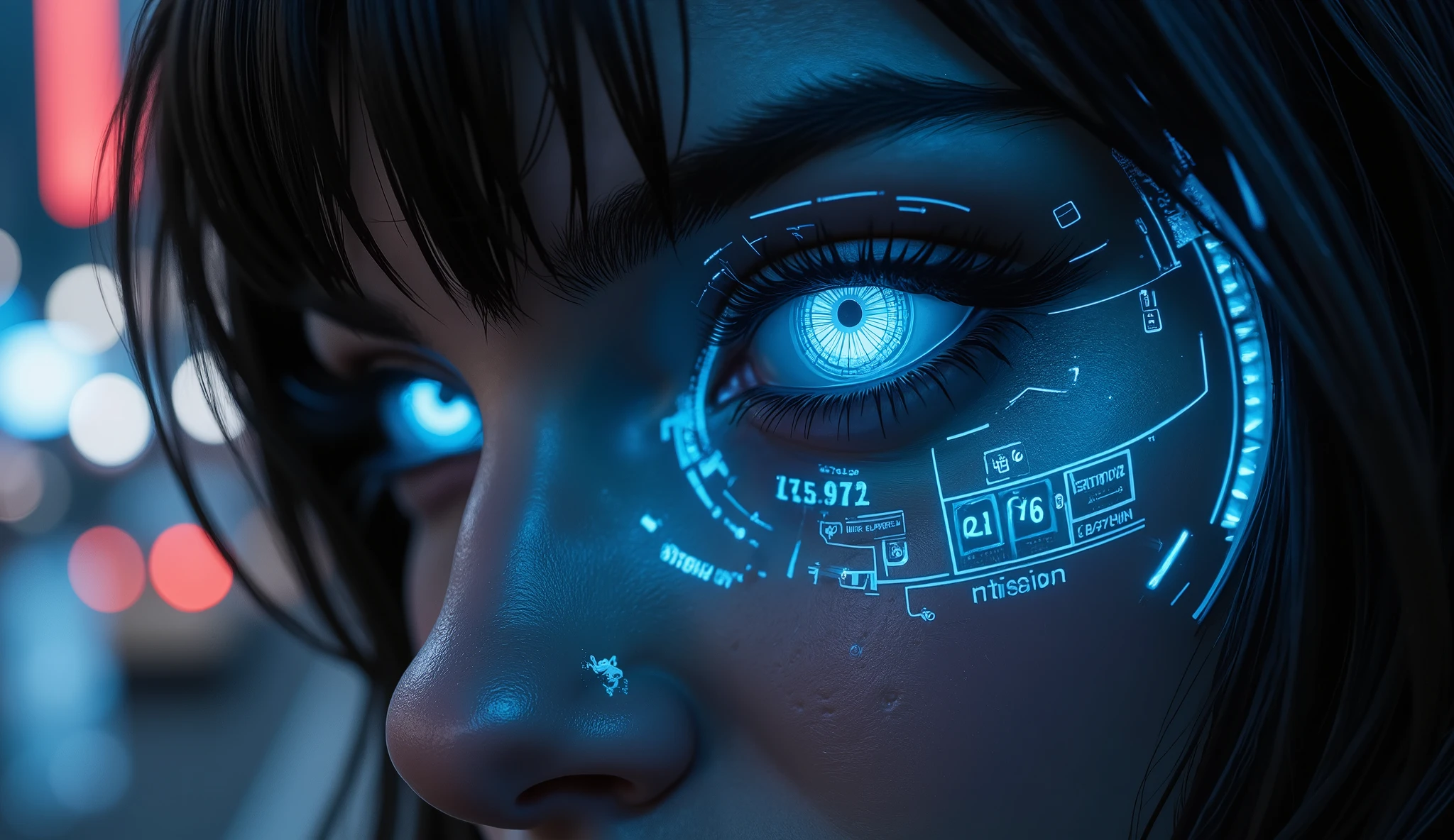 "Extreme close-up of a cyberpunk female assassin's eye, glowing with neon-blue augmented reality HUD interface. Her sharp, angular features are partially visible, with dark cybernetic enhancements subtly integrated into her skin. The HUD displays complex mission data, including the target's face, biometric scans, and tactical calculations, all flickering with a futuristic glitch effect. Reflections of neon city lights dance across her eye, enhancing the high-tech atmosphere. The background is blurred, emphasizing the intensity and focus in her gaze. The camera angle is an extreme close-up, slightly tilted, creating a dramatic and immersive cyberpunk aesthetic. Cinematic lighting, ultra-detailed, sci-fi noir aesthetic, 8K resolution."