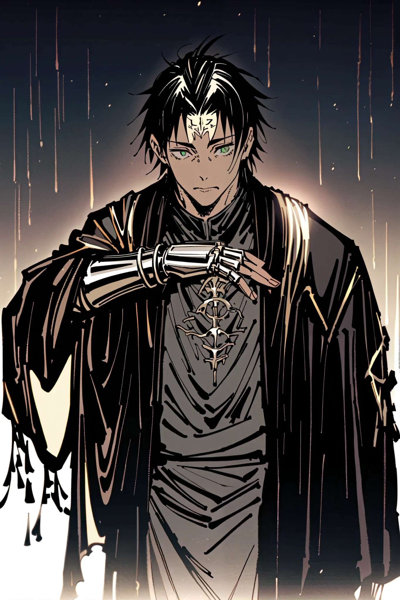 appearance: Hajime is a man of athletic build , with jet-black hair that falls to his shoulders . his eyes, formerly warm and brown , are now dull gold , reflecting his disenchantment with the world . His clothing has changed dramatically after his fall : he now wears a dark haori with kanji inscriptions that mean "Truth Devours ". On his right arm, he wears a metal gauntlet covered with runes that emit a faint glow., as if his own essence were being consumed .
