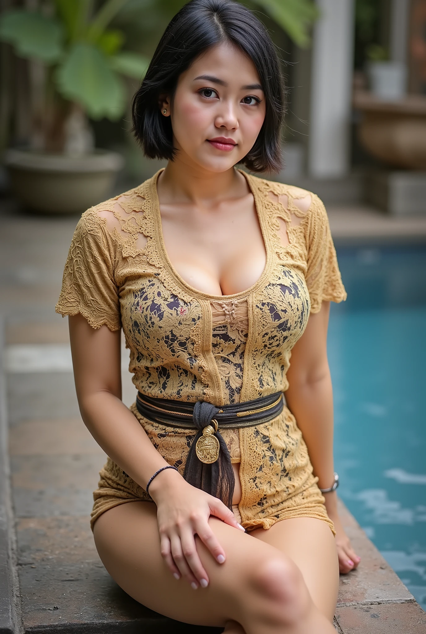 Indonesian girl feeling horny, pool, sitting on couch, open legs, shows pussy, wet vagina, hairy vagina, body photo, brown skin, tanned skin, sexy kebaya tops, no skirt, no underwear, huge breast, busty body, ((green Bali batik: 1.4)) (big breast : 1.8), ((naughty pose)), very short black hair, ((tight dress)), sexy body, squeezing breast