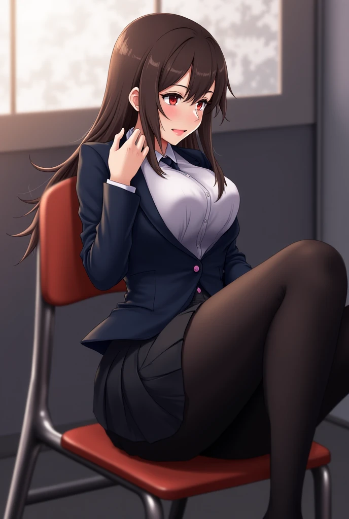 Orihime inoue ,sitting on desk, sitting on desk,fullbody,crossed legs, large breasts,nipples,hold leash in hand, looking at viewer,mockng view,high res,high quality, masterpiece ,black tight black skirt, white shirt, black jacket,black heels, black stockings , classroom,sfw