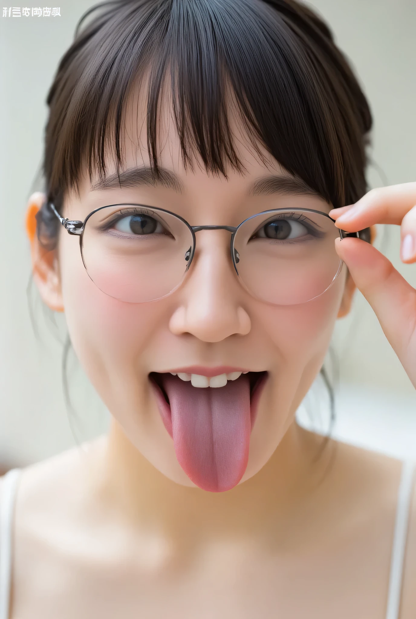 Perfect Yoshioka Riho( open your mouth),32k 8k super high image quality masterpiece, well-groomed face, realistic eyes, high brightness, real eyes, eyes wide open, like in a photo, focus on the face, smile, show a wet tongue, show a wet tongue, Akkanbe, beautiful tongue, thick tongue, big tongue, happy expression, Selfie, live-action, close eyes, funny face ( open your mouth, After the blowjob、 ejaculates in mouth)Erotic tongue with just the right length Using erotic tongues Lick lollipop candy staring at me Yoshioka Riho woman wearing glasses 唾液でてかる舌