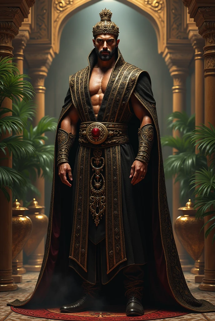 Yamaraj, depicted as a dignified figure with traditional attire and a stern expression, preparing to visit the queen.

