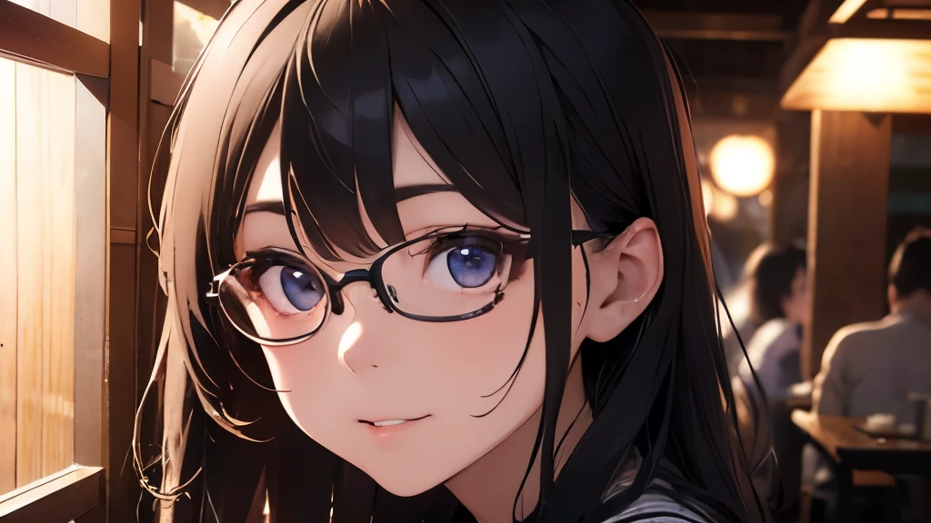 hand up, Biologically correct five fingers、plastic frame eyewear、Upper Body, Realistic, real person, (pale skin: 1.2), RAW photo, photorealistic, shiny skin, shiny hair、(25 year old woman with bangs) and (ponytail) and (black hair) and (purple eyes) , (White T-shirt) 、smile , open mouth, (drunk:1.2), The background is the living room at night、Alone、Are standing、