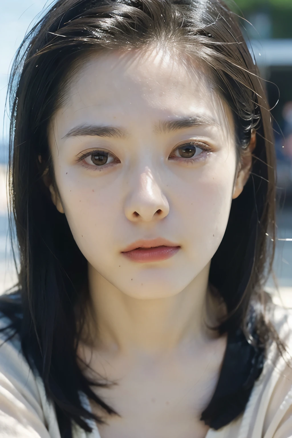 One girl, alone, androgynous, boyish、Droopy eyes、ennui、Fair skin、Sleepy face、Beauty、middle age, Japanese lady, Long Hair, Food, accurate, Anatomically correct,