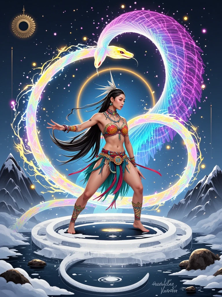 a gorgeous genie, 1 girl, long flowing hair, colorful and vibrant magical costume,