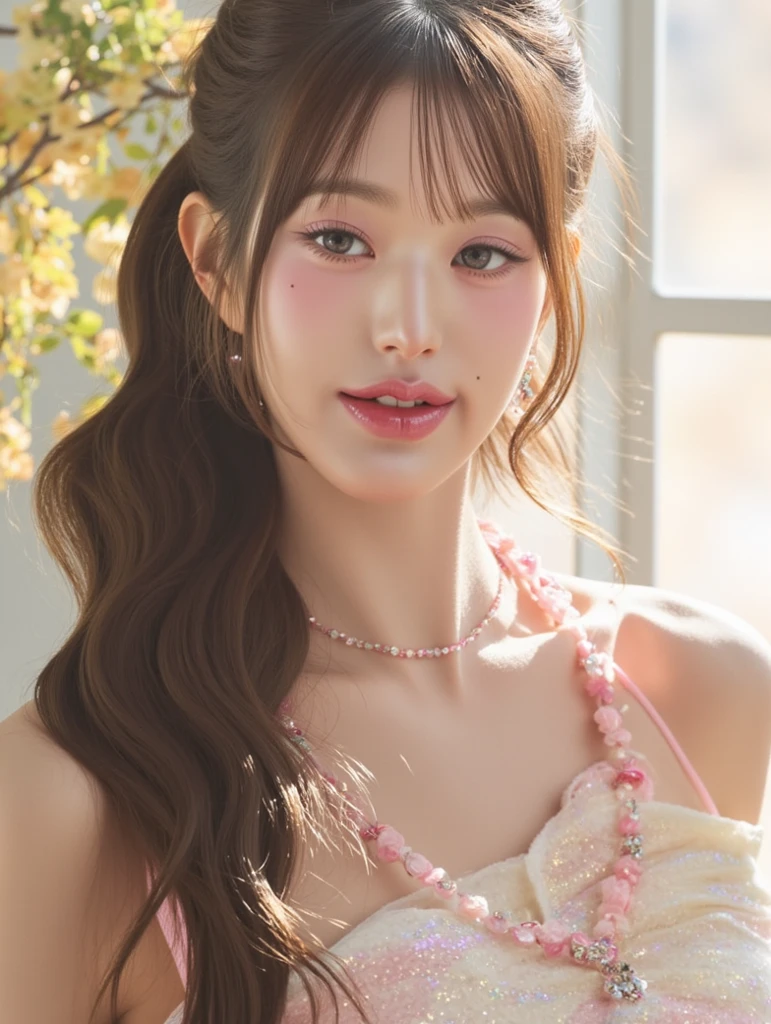 17 year old beautiful girl、Japanese、Highest quality、Realistic、16K、Baby Face、Young face、With bangs、Heavy bangs、Straight Long Hair、Very slim, flowers are blooming all over the wall, (The best light: 1.2, Cute Chinese Girl: 1.2, [White Dress: 1.3], whole body, beautiful dance moves, Wearing a pink long-haired mink bandeau dress, Colorful flower wall, poster level, Wallflowers are not crowded, elegant and colorful: 1.1, Bright and inspiring: 1.1, [Very detailed: 1.2 + Dynamic pose + delicate: 1.2],), Big Breasts, Pursing your lips, The sides are decorated with five-color flowers., the wall is pink hydrangeas, rose, Colorful chrysanthemums, The background wall is a pink floral wall.、Shooting from a distance