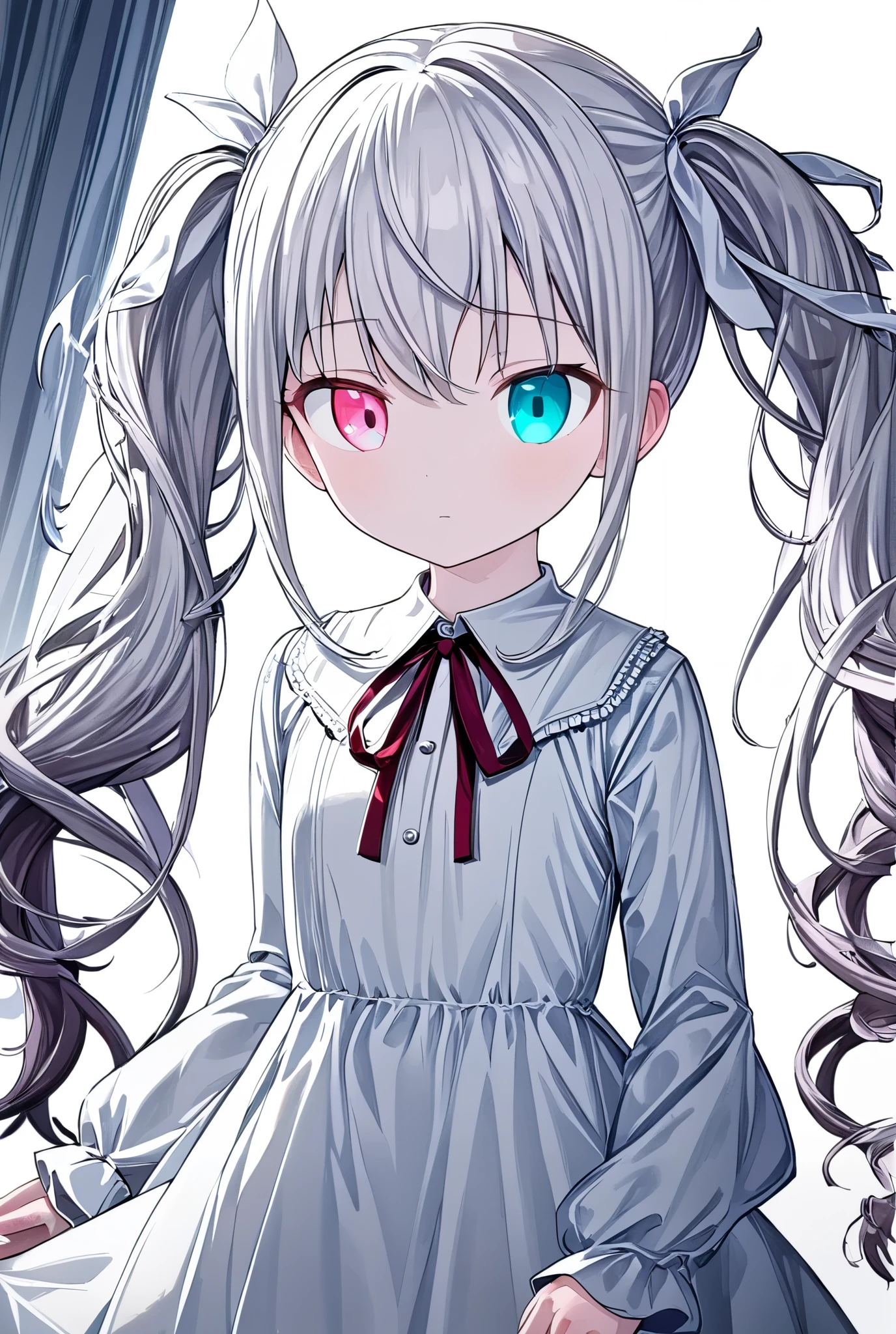  1 girl,Nigomiku\( Project Sekai is being watered\),  heterochromia,  Aqua Eyes, pink eye, long hair, twin tails, Silver Hair, white hair ribbon, Gradation Hair,break (white dress, Long Sleeve, neck ribbon),cowboy shot, expressionless , Masterpiece, top quality, Super Detail, 8K portrait ,unity 8k wallpaper, ULTRA DEFINED ILLUSTRATION 