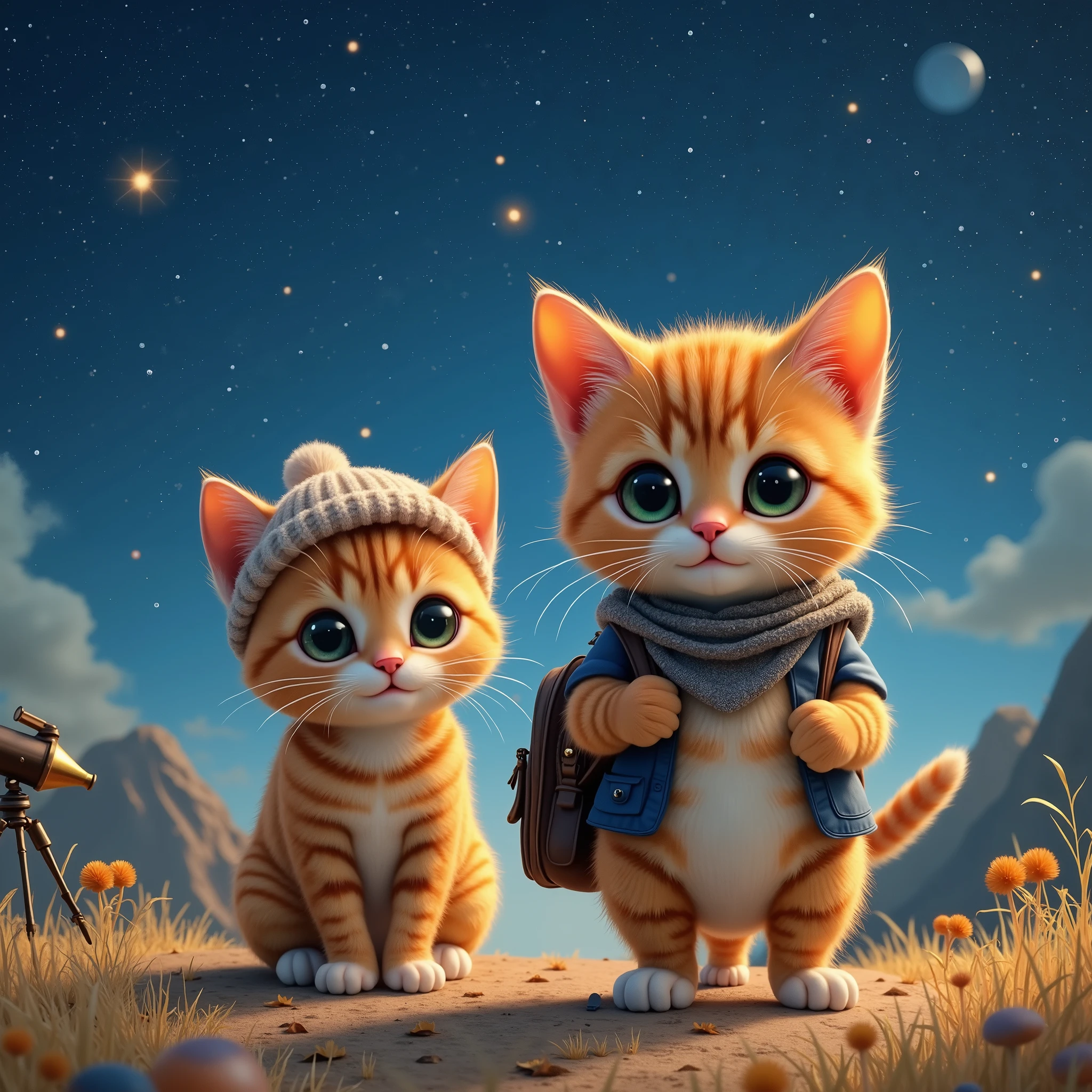 a cat drawn in size 25, 2 adorable babys ,smile,Night Sky, full of stars,Detailed and realistic coat ,,Background is on a hill, A realistic cat is standing on 2 legs , eyes are like beautiful marbles carrying a school bag ,Astronomical Observation,telescope,The kitten is wearing a coat , A kitten wearing a knitted hat