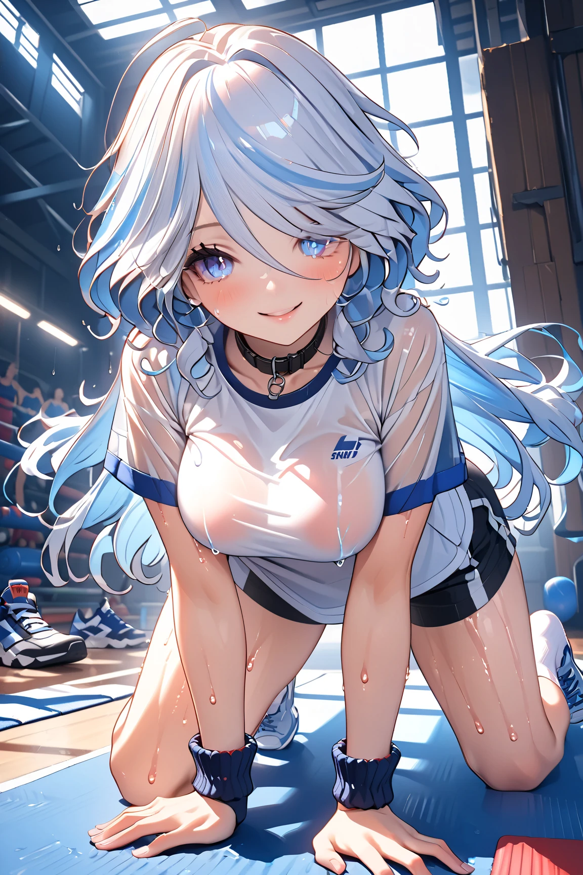 masterpiece, highest quality, 1 girl, alone,cowboy shot,blush,smile,open mouth,(white school gym clothes:1.3),(dark blue buruma:1.5),sitting,(spread legs:1.3)