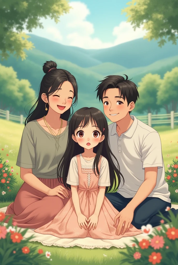 Picture where dad is on the left dad daughter in the middle small and mom on the right holding hands mom beautiful black hair higher than butt and very beautiful location so that they all stand with their backs dad is a little bigger