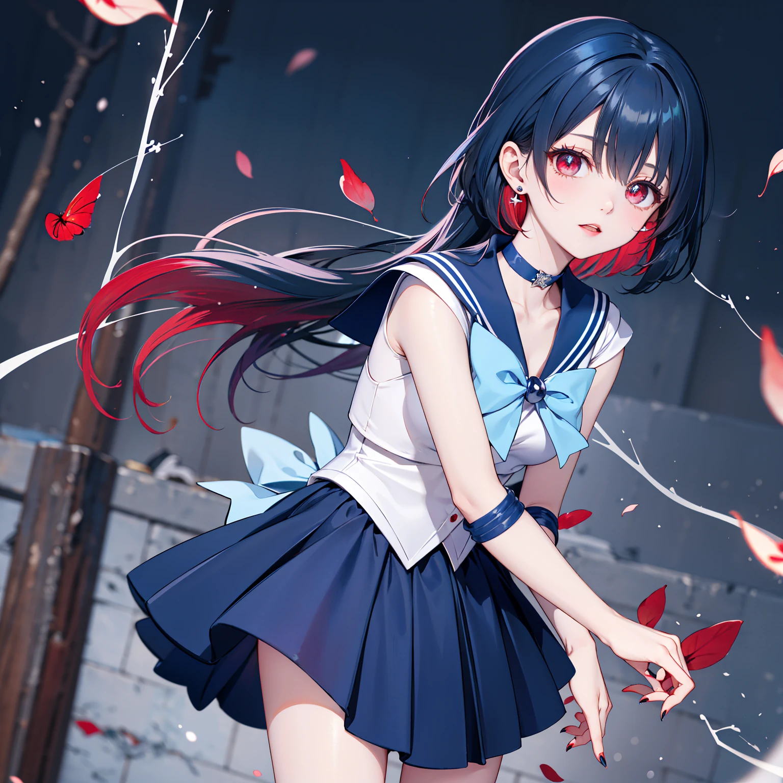 1 girl, alone, high quality,school uniform, sailor suit, slender, big tits, ponytail, BREAK Sparkling_eye, Star-shaped pupils, +_+, medium full shot