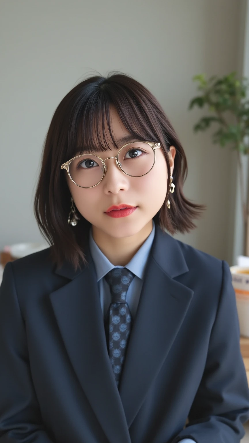 1 female,Beauty,Small glasses,Beautiful face,smile,Crouching and watching the viewer,Office Lady,In a suit,A dignified appearance,Perfect Style,Take off your jacket,Cleavage,focus on the chest,,View from above,Front view,Ultra-realistic,Ultra high definition,Highest quality,8K,Masterpiece