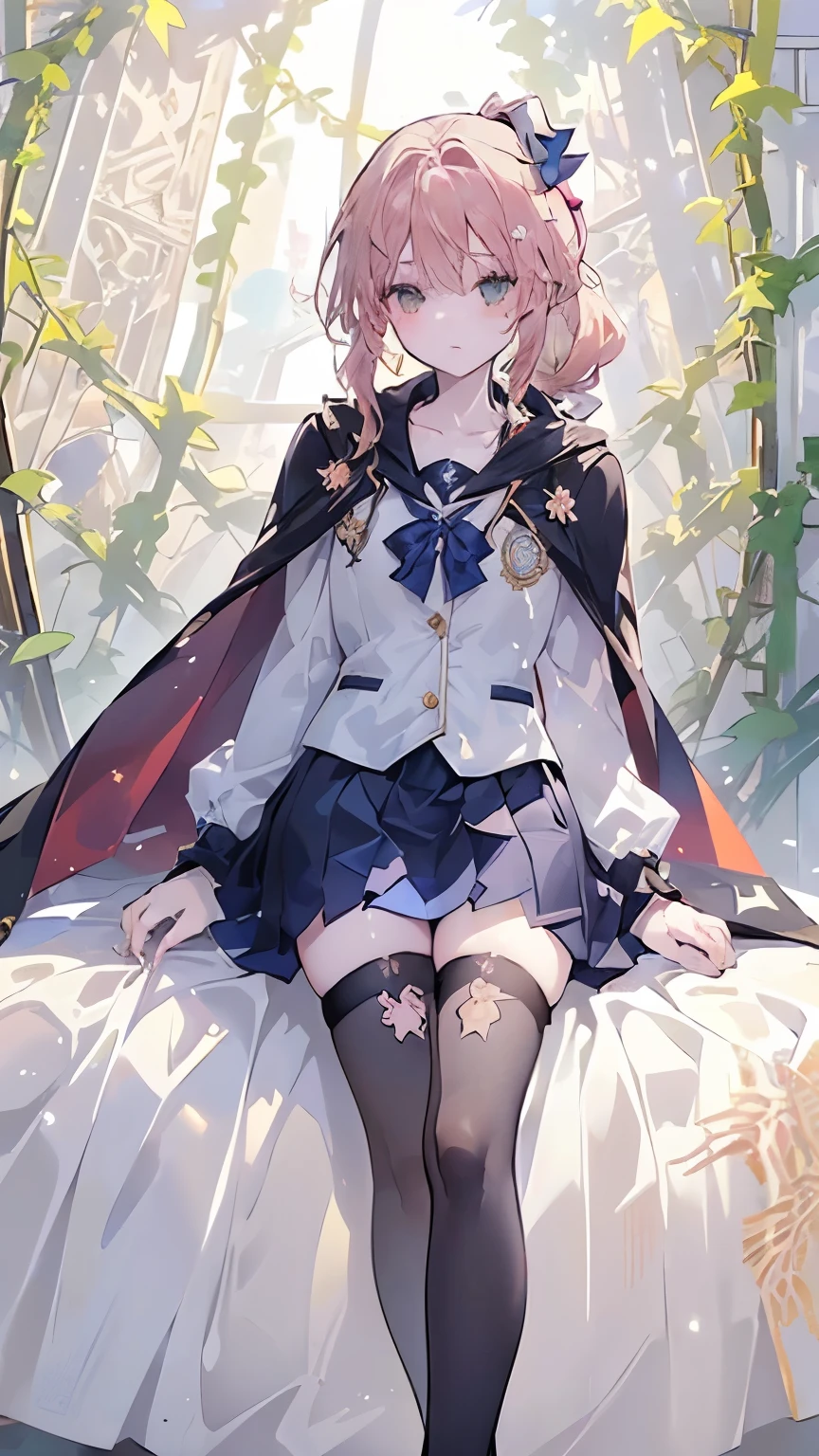 girl with,Smile faintly,Red Short Bob,Green eyes,Colossal tits,Black Blazer School Uniform,Light blue bow tie on the chest,light blue bowtie,Hair band on the head,shairband,plaid skirts,Fluttering skirt,Light blue panties under the skirt,Jumping,Dynamism,feeling active,Angle from below