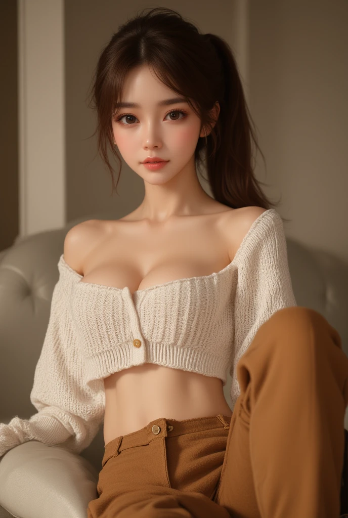 Tabletop、Highest quality、figure、 Super detailed、In detail、 High resolution、8k wallpaper、Perfect dynamic composition、Beautiful girl 27 years old、A neat and clean woman、Beautiful face in every detail、Beautiful eyes in every detail、Textured skin、A faint smile、Small breasts、Bold sexy pose、Winter casual wear、