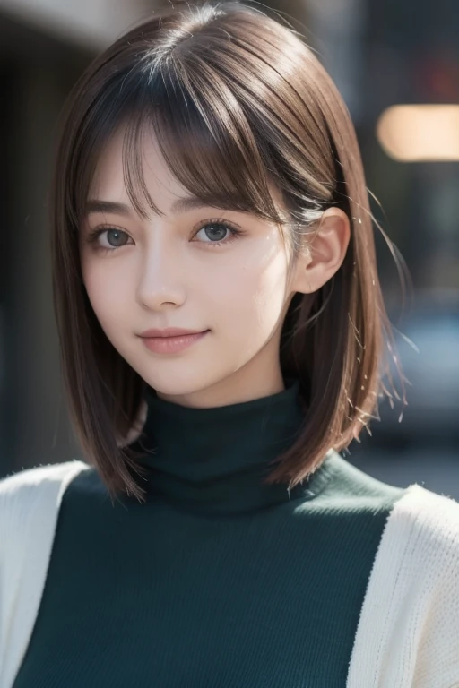 (8k, RAW photo, best quality, masterpiece, Hmph:1.2), (realistic, photo-realistic:1.4), (extremely detailed 8k wallpaper), Fantasy art, Cinematic lighting, (Front Focus), (from behind, long shot:1.2), solo girl, Highly detailed face, (Slim figure:1.2), (Lips), double eyelid, Glowing Skin, Realistic Layer, Beautiful face, (Smile:1.3), (short hair:1.4), Arched back, Midnight Cityscape, Midnight sky, Shinjuku, Dark green casual dress