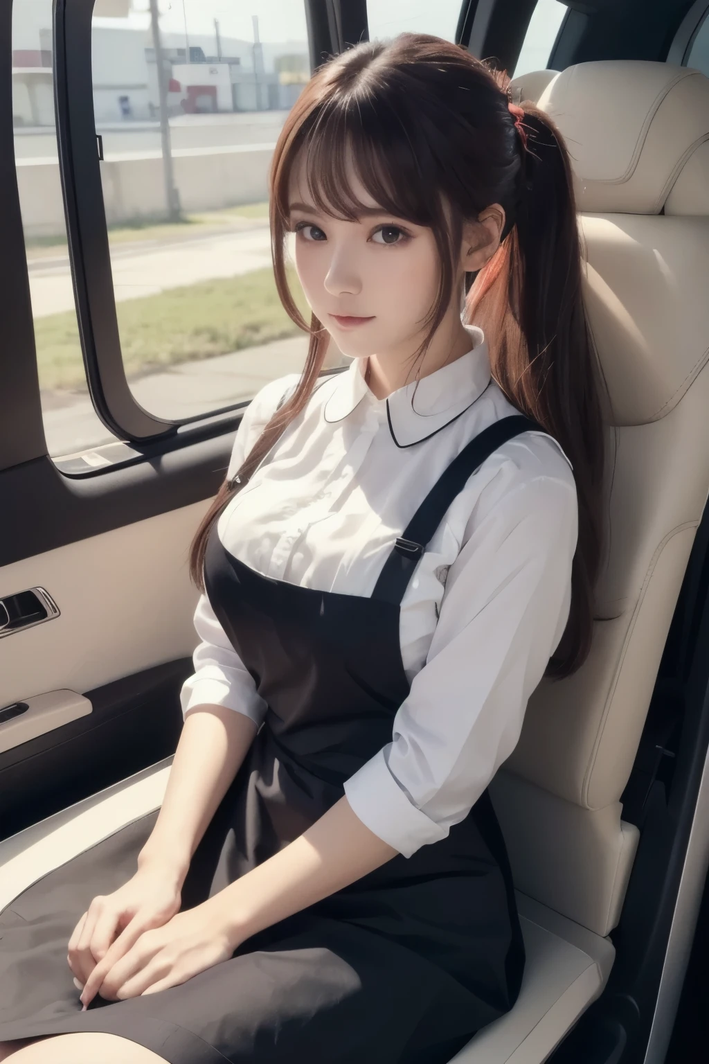 Tabletop, highest quality, One Girl, (beautiful girl:1.3), (16 years old:1.2), Extremely detailed clarity, (Symmetrical eyes:1.3), (Maid clothes, Cute Maid, Moe Maid:1.2), Beautiful breasts, Brown eyes, Parted bangs, Brown Hair、smile、Tempting Pose、、Sexy thighs、Low angle shot、Center View、White long sleeve shirt、Two Japanese junior high school students、In the car、Superior:1.2、The look of temptation:1.3、Medium Chest、Breast enlargement、Amazingly cute girl、Japanese Girls、 stop temporarily、Whole Body Ezbian、Nice skin、Glowing Skin、Nice thighs、Shiny thick knee socks、Please put it inside、