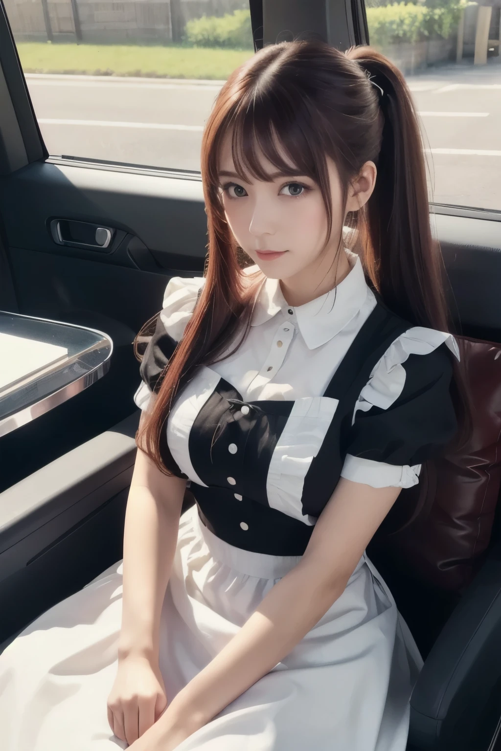 Masterpiece,(  top quality ,   illustration ,  detailed face :1.3),(  in the seat, alone:1.3),  beautiful detailed eyes,    apron,   gradation where you lie down_background,   gradation where you lie down, Maid,    Purple Eyes,red hair,  small breasts,, break, enMaided, white_  apron, black_  dress,   ponytail, black_  footwear, Frilled_  apron,   dress, Maid_  apron,   alternate _hair,very long hair, _  ponytail, halo 