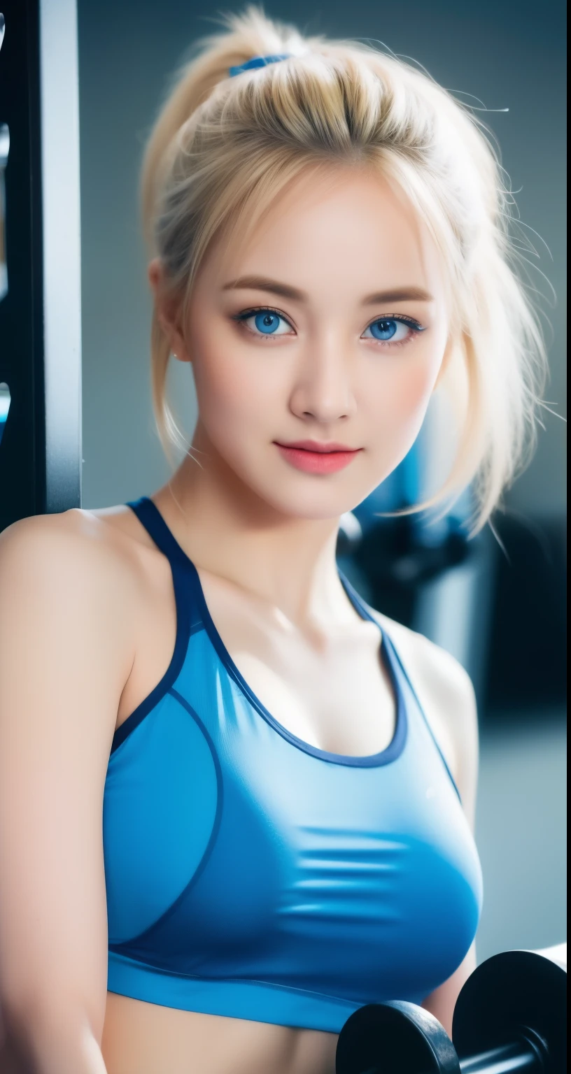 ((8k、sharp、masterpiece、highest quality、Realistic like a photo、Perfect Face、Small face、Very beautiful face、very cute、Fair skin and cute、Fair skin、Gray Hair、blue eyes、))、 19 years old、ponytail、Shiny skin, Moisturized Skin、Fair skin、Japan's top idols、Cool girl、Cute face、Perfect Face、Japanese Idols、Top Idol、19 years old:1.3、((Flowing gray hair:1.4、Beautiful blue eyes:1.3、double eyelid、Beautiful breasts、Thin legs、Beautiful shaped buttocks、Perfect style girl、Abdominal muscles、Gray Hair、Very well-groomed face、Cute face、))、Beautiful breasts、Professional Lighting、Portrait Shot、Smiling at the audience、blush、(White workout wear:1.3、)、((One girl in training))、Cleavage、((She is on all fours, sticking her ass out to the viewer...'))、'Gym、Cool girl