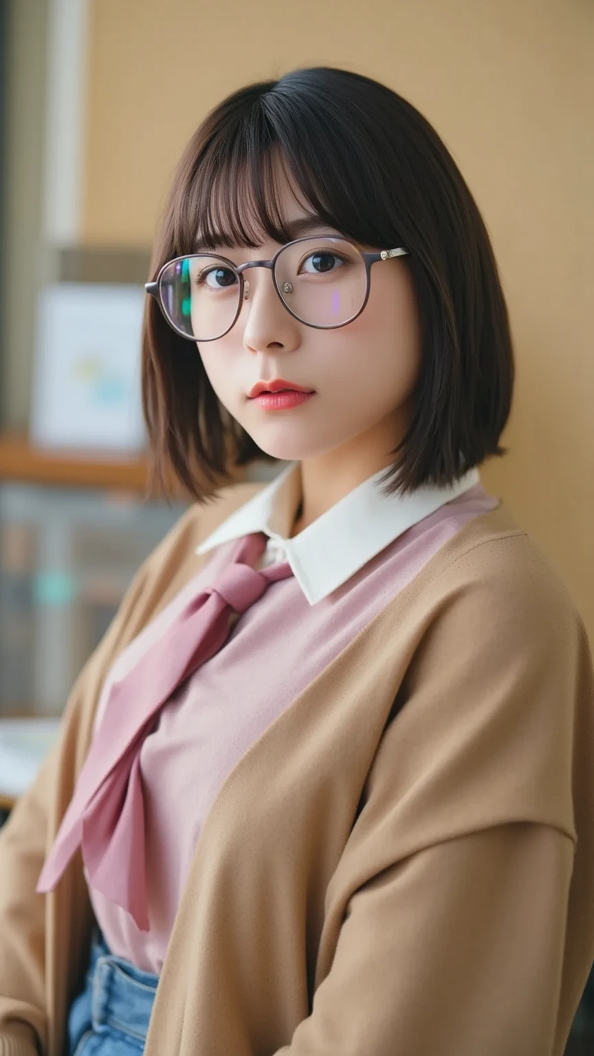 Photo Real、photoRealstic Dark hair、Short hair、Curled Hair、bangss drooing eyes、with round face、The contours of the face are round、Plump cheeks、small mouth eye glasses、Round glasses、Big glasses、Black-rimmed glasses、校服、White shirt、Red tie、Beige cardigan、Red skirt hi-school girl、sixteen years old、Soft thighs Faces close、Face Close-up、Staring at this、Use the palm of one hand evenly to grasp it so that it covers your chest.。Leaning against the bookshelf、Blushing Background with、bookcase、Timber wall、wood floor、Dark place