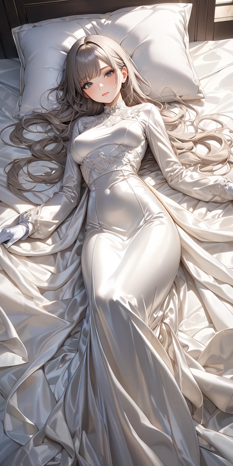Photorealistic, high resolution, 1woman, Solo, view the viewer, (Detailed face), Long wavy blonde hair, white nightgown dress,adult,zelda,(see-through:0.6),cute,25 years old,laying on bed, (from above),blonde,(large eyes),(smiling:0.4)(shy:0.9)(large eyes:0.3)(blushing:1),(full body),(bare legs)(bare shoulders)
