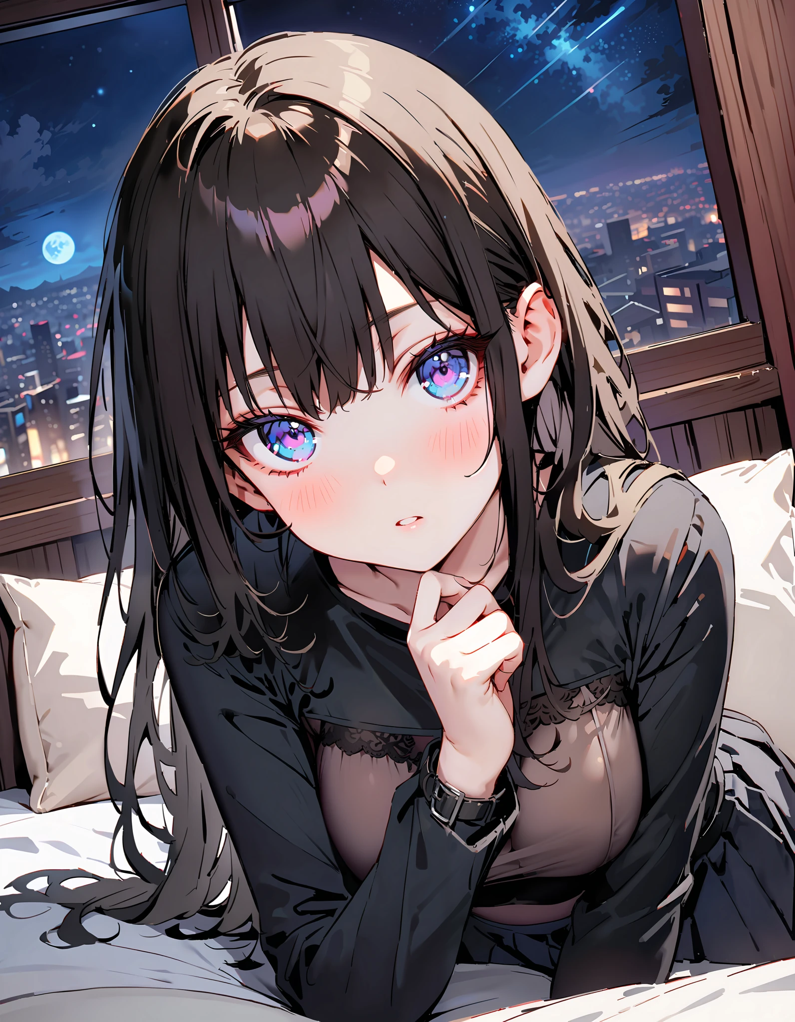 Takiuchikami,  check it out,  long hair, bangs,   black hair,   Purple Eyes,blush, is embarrassing, legs ,Medium breast, black bra,Black mini pleated skirt ,rib tights ,   Black Panties  ,Brown loafers, Alone,  lying on the bed, beautiful night view with depth, decor,whole bodyがイラストに入るように,
break looking at viewer,whole body,
break indoors, living room ,
break ( Masterpiece:1.2), top quality , kampala,unity 8k wallpaper,(shape:0.8),(  fine, beautiful eyes  :1.6),It's a person ,whole body写真,CG Details , ( perfect hand,complete anatomy),