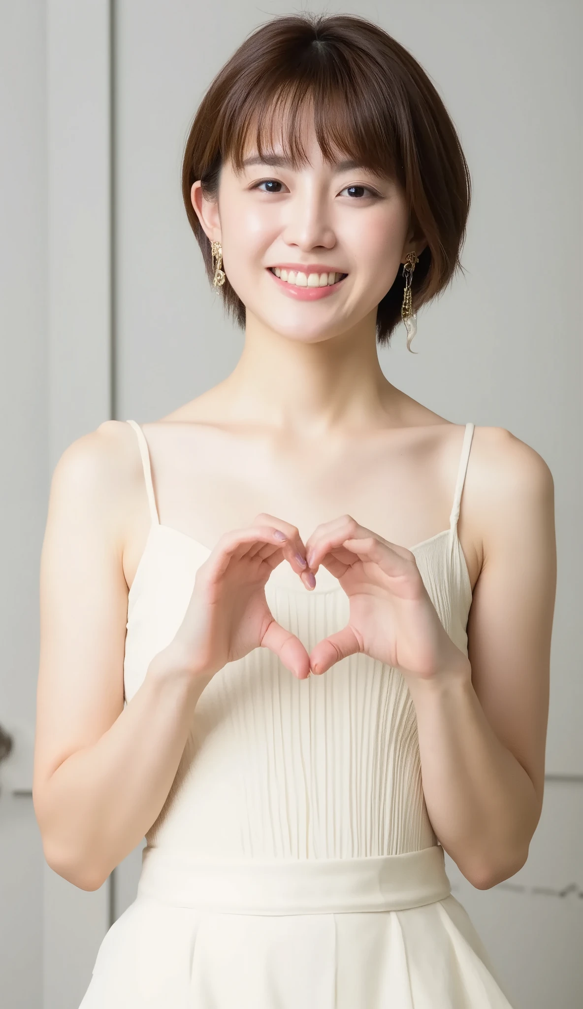 Super Fine、An upshot of her face、She has a smile showing her teeth, wears a camisole, and poses with her hands in the shape of a heart in front of her chest、The background is plain、 HD、細部にわたって HD