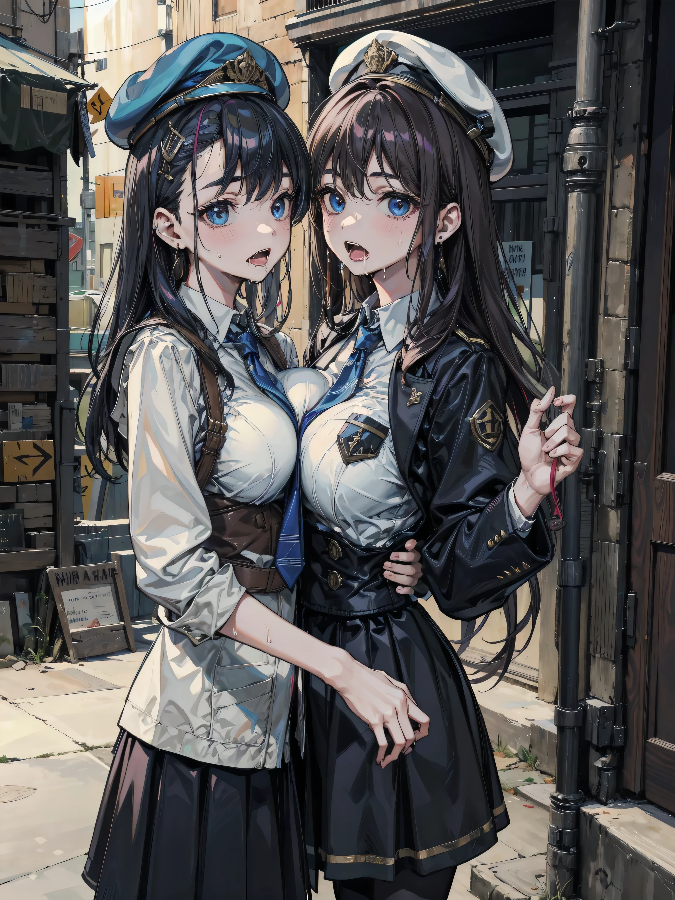 incredibly absurdres, RAW photo, extremely delicate and beautiful, masterpiece, Best Quality, ultra high resolution, 32k, hyperrealistic, ultra-detailed description, delicate facial features, very detailed eyes and face, realistic face proportions, earring, , narrow waist, black hair, drooling, saliva, open mouth, sweat, beret, skirt, school uniform, tie, blazer, outdoor, cowboy shot, 2girls, yuri,