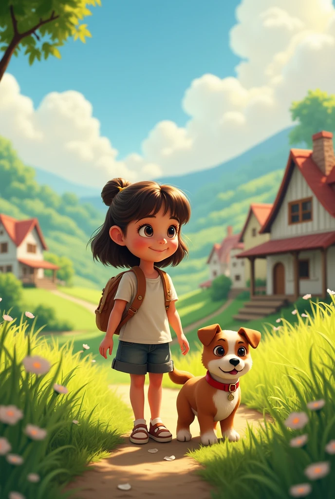. Ek chhoti larki apne chhote dog ke saath ek sundar gaon mein rehti hai.
- Tasveer: Sophia aur Max gaon mein khade hue, gaon ke sundar nazare ke saath