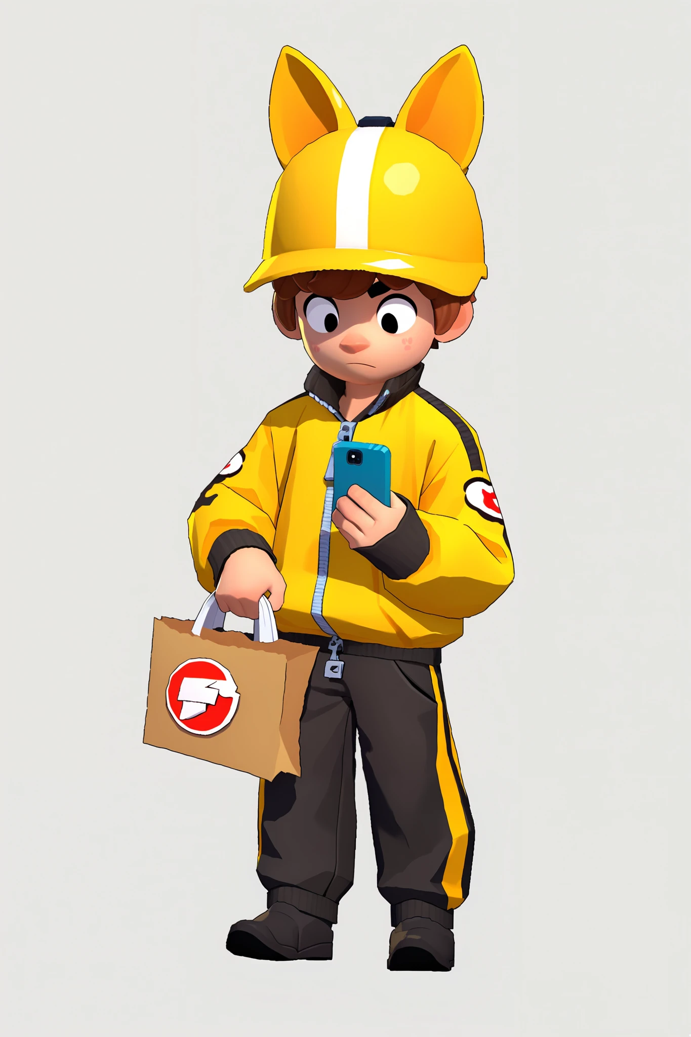 score_9, score_8_up, score_7_up, delivery drivers, 1boy, brown hair, short hair, solo , yellow suit, yellow helmet with a pair of big ears, grey reflective stripe
,zipper, zipper pull tap ,full body,white background ,sleeves past wrists ,Holding a shopping bag in one hand and a mobile phone in the other hand, look down at the phone,male