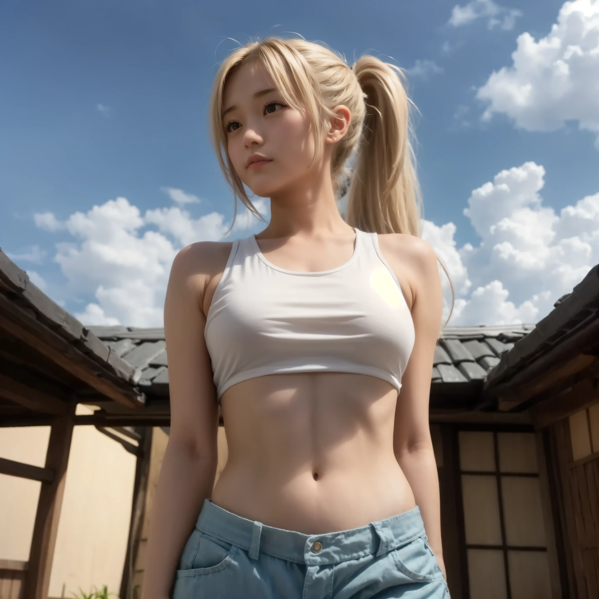 cute Japanese girl with a blond ponytail、 beautiful abs 、 tank top、(from below:0.5)、face looking down、Very long blond ponytail hair tousled by strong winds、belly button、 thighs
