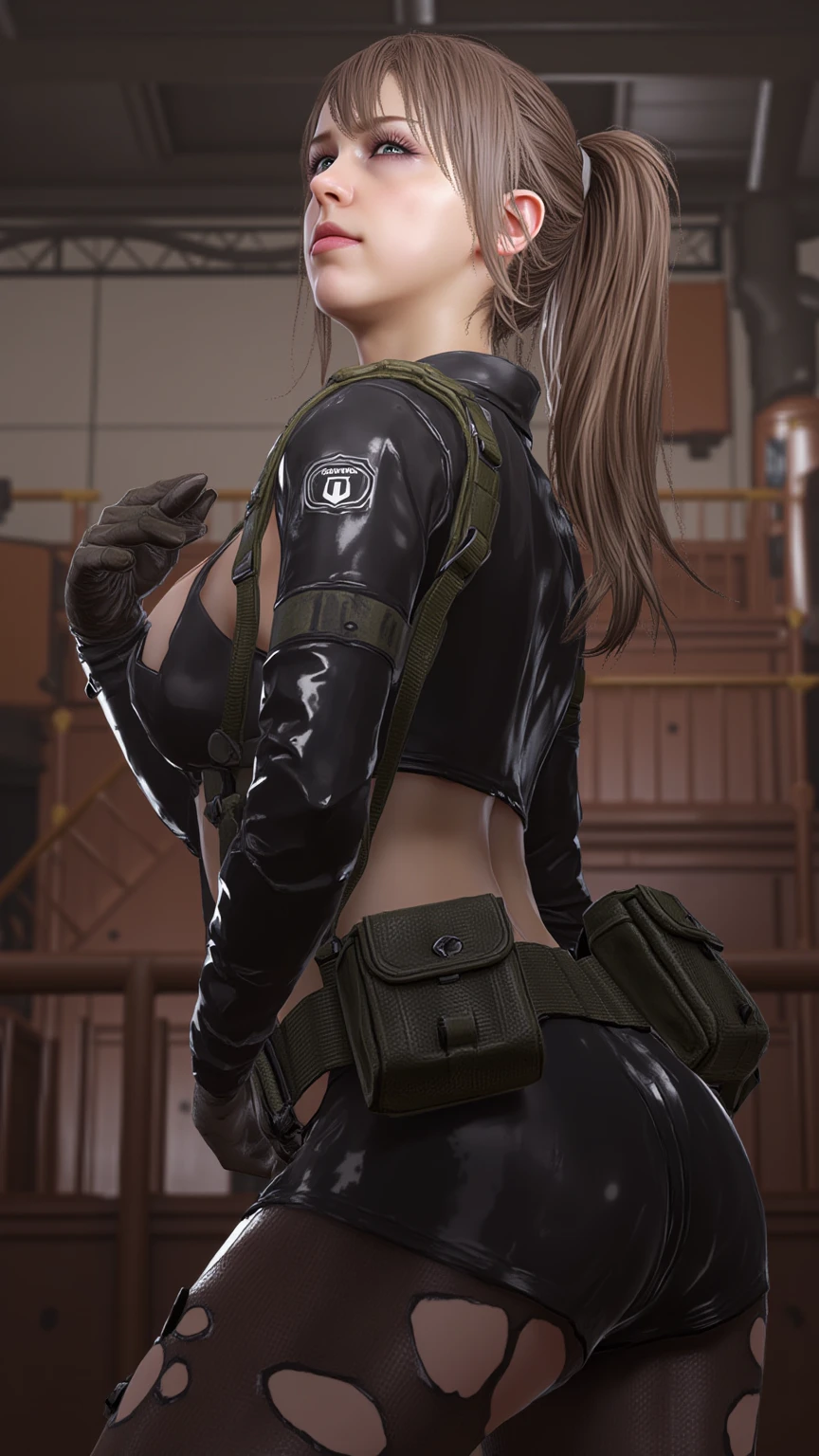Eve, Stellar Blade, big breast, thicc thighs, curvy, 1girl,solo,heavy makeup,cute,earrings,ring braid,(lewd smile:1.1),holding submachine gun,ponytail,idol,hooker,military uniform,(battleground:1.1), showing back, big buttocks,