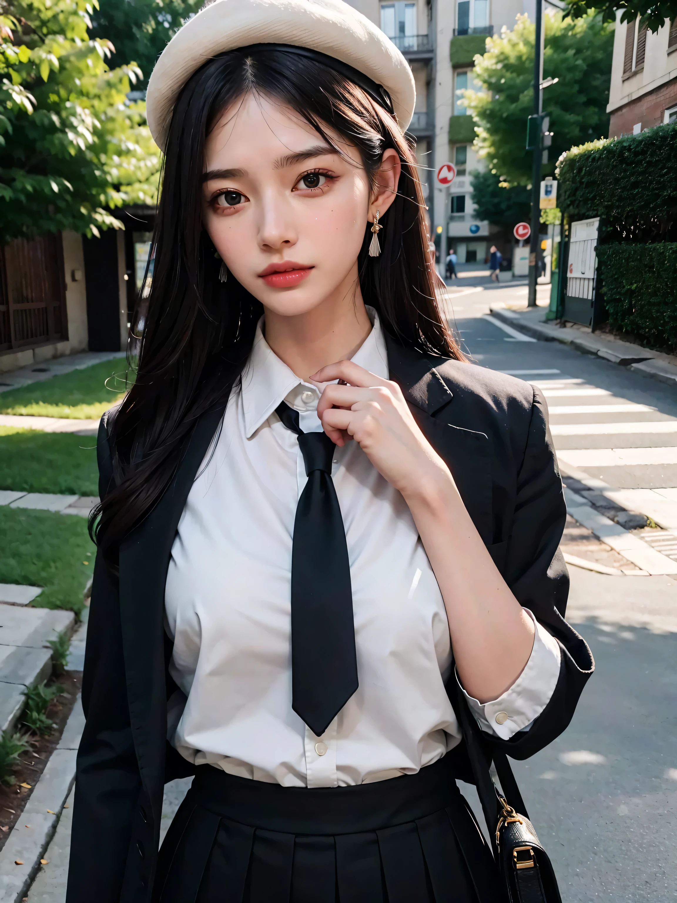 (masterpiece, best quality, photo realistic, official art:1.4), (UHD, 8K quality wallpaper, High resolution, RAW photo:1.2), (shiny skin), professional lighting, physically-based rendering, Award-winning, highly detailed skin, (extremely detailed face and eyes, clear pupils), Carl Zeiss 85 mm F/1.4, depth of field, BREAK, 1girl, solo, kawaii 16-year-old Korean schoolgirl, (Nogizaka idol:0.7), (Korean idol:0.9), (glossy brown hair, straight medium hair, forehead:1.3), extreme round face, single eyelid, smirk, mouth closed, (wearing school uniforms, longsleeved collared shirt, school tie:1.3), plaid mini skirt, navy socks, loafers, (breasts emphasized, well shaped medium breasts), (looking at viewer), BREAK, at a street in Shibuya, summer daytime, sunbeam, (seductive posing:1.3), cowboy shot, view from forward,