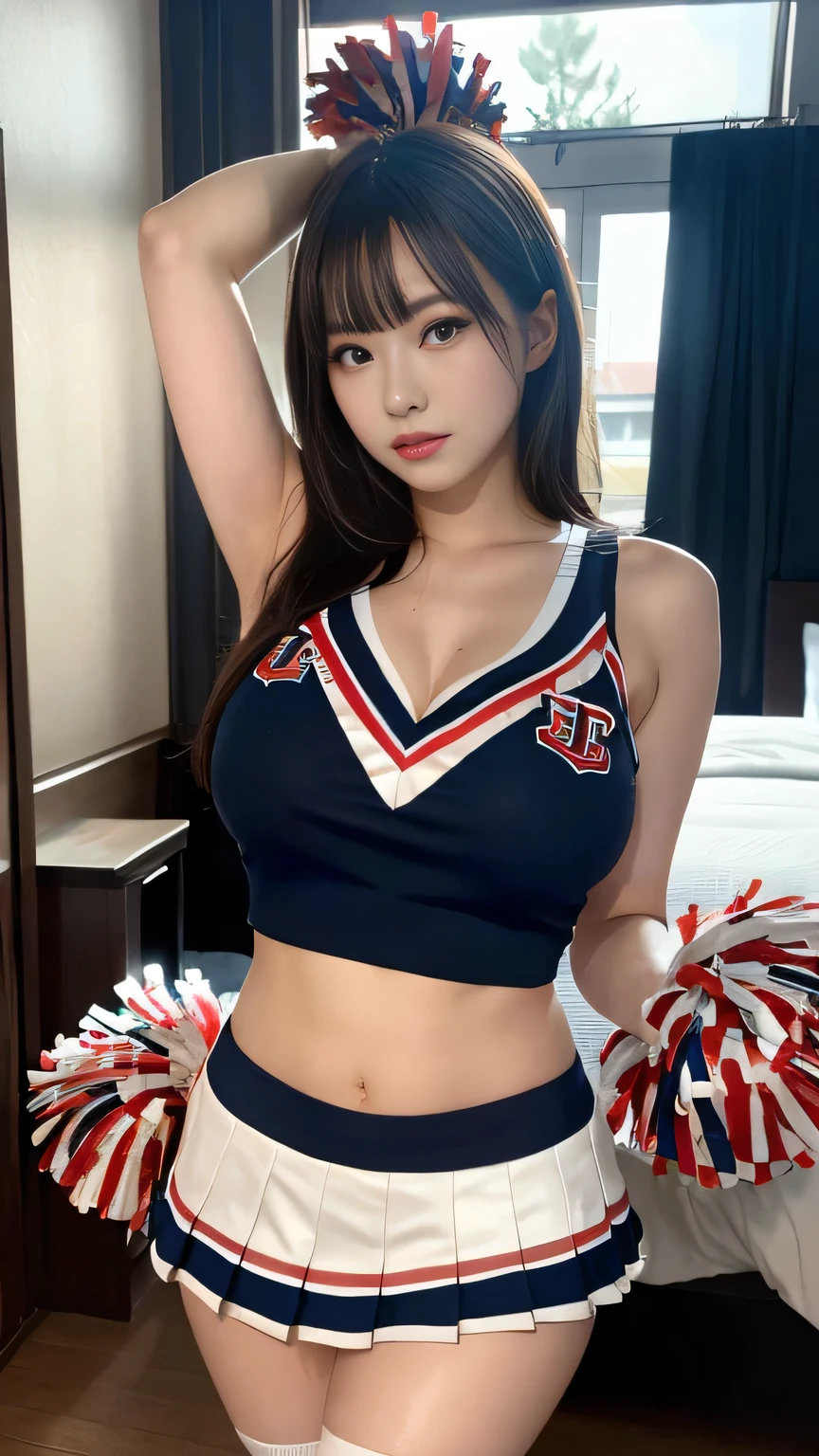 masterpiece, best quality, illustration, Super detailed, fine details, High resolution, 8K,wall paper, perfect dynamic composition,(Details High quality, realistic depiction of eyes:1.3), hotel room, (cheer girl:1.5),(a miniskirt), to stand、large breasts,short bob hair, black hair color, Big Natural Color Lip, bold sexy pose, crying a little、Harajuku style、20 year old girl、cute type、lolita、beautiful legs, hposing Gravure Idol