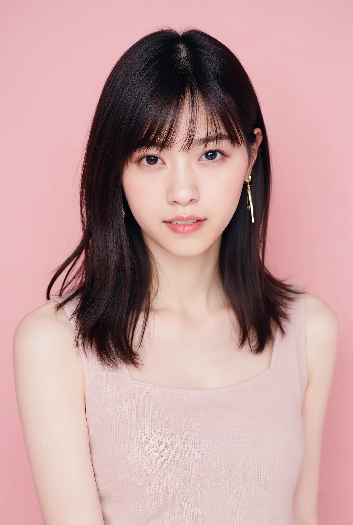 Create a realistic portrait of a beautiful Japanese idol girl in a close-up shot. She has an elegant oval face, stunning eyes, and medium-length black hair. Her physique is slim with a small chest and long legs. Dress her in fashionable spring attire against a simple, soothing light pink background.