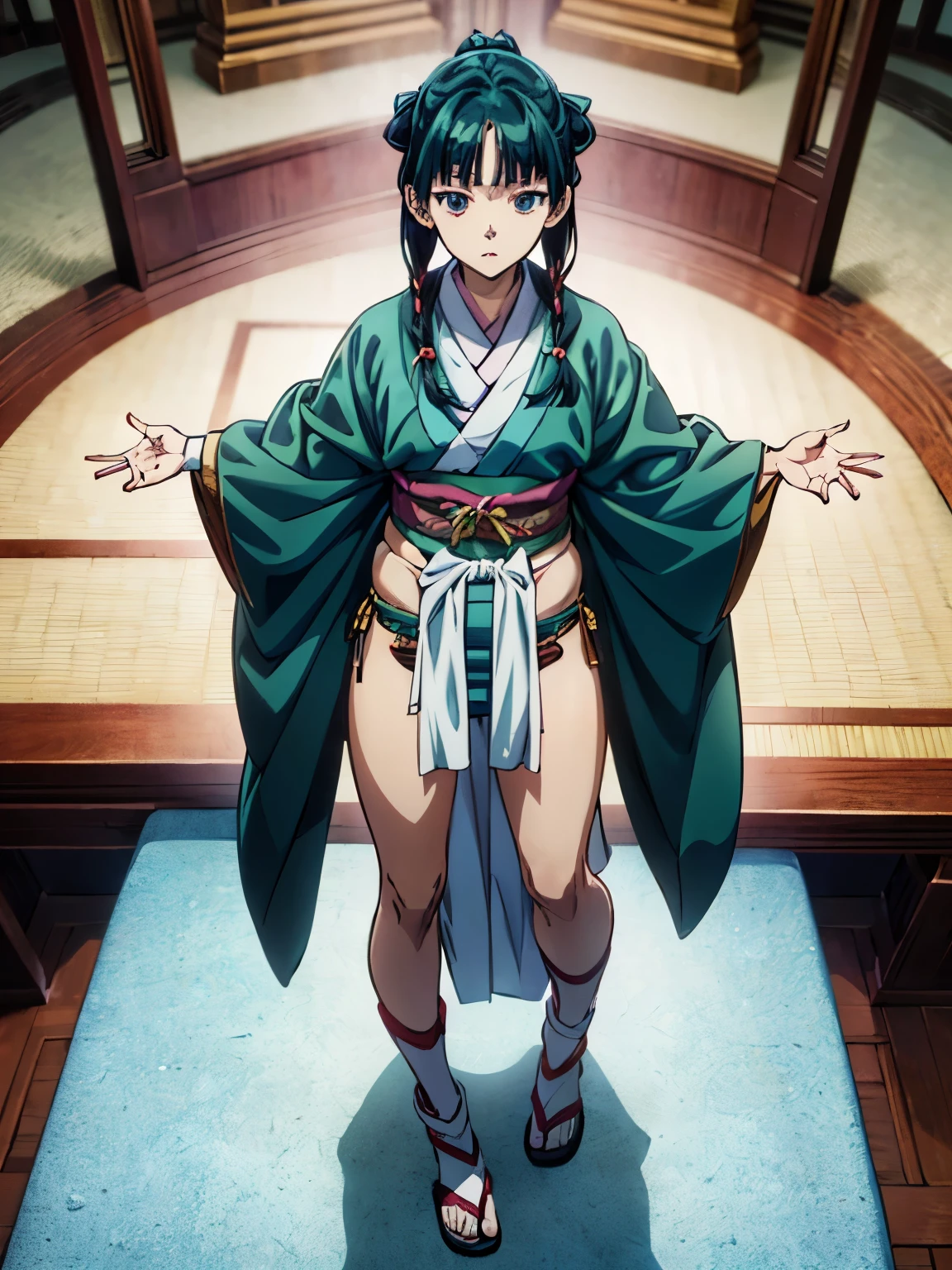 anime - style illustration of a woman in a (white silk loincloth:1.5), (kimono:1.5), anime character, official character art, full body, female anime girl, (small breasts), dark green and teal hair, blunt bangs, in the private room, (standing posing:1.5), leaning back, looking at viewer, from above, (expressionless:1.5), red lips,