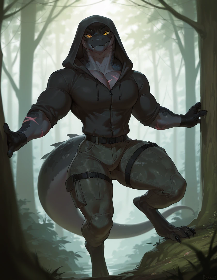 (((by fluff-kevlar, by Zackary911, by Kenket, by Kilinah))), solo male ((Kobold)), (detailed Kobold)) wearing a long wizard robe, muscular abs, Kobold black horns, Kobold tail, messy hair, thigh highs, black thong, shirtless, front view, looking at the observer with an embarrassed smile, blush, legs raised, perspective, finely detailed paws, punk style, adventure backpack,