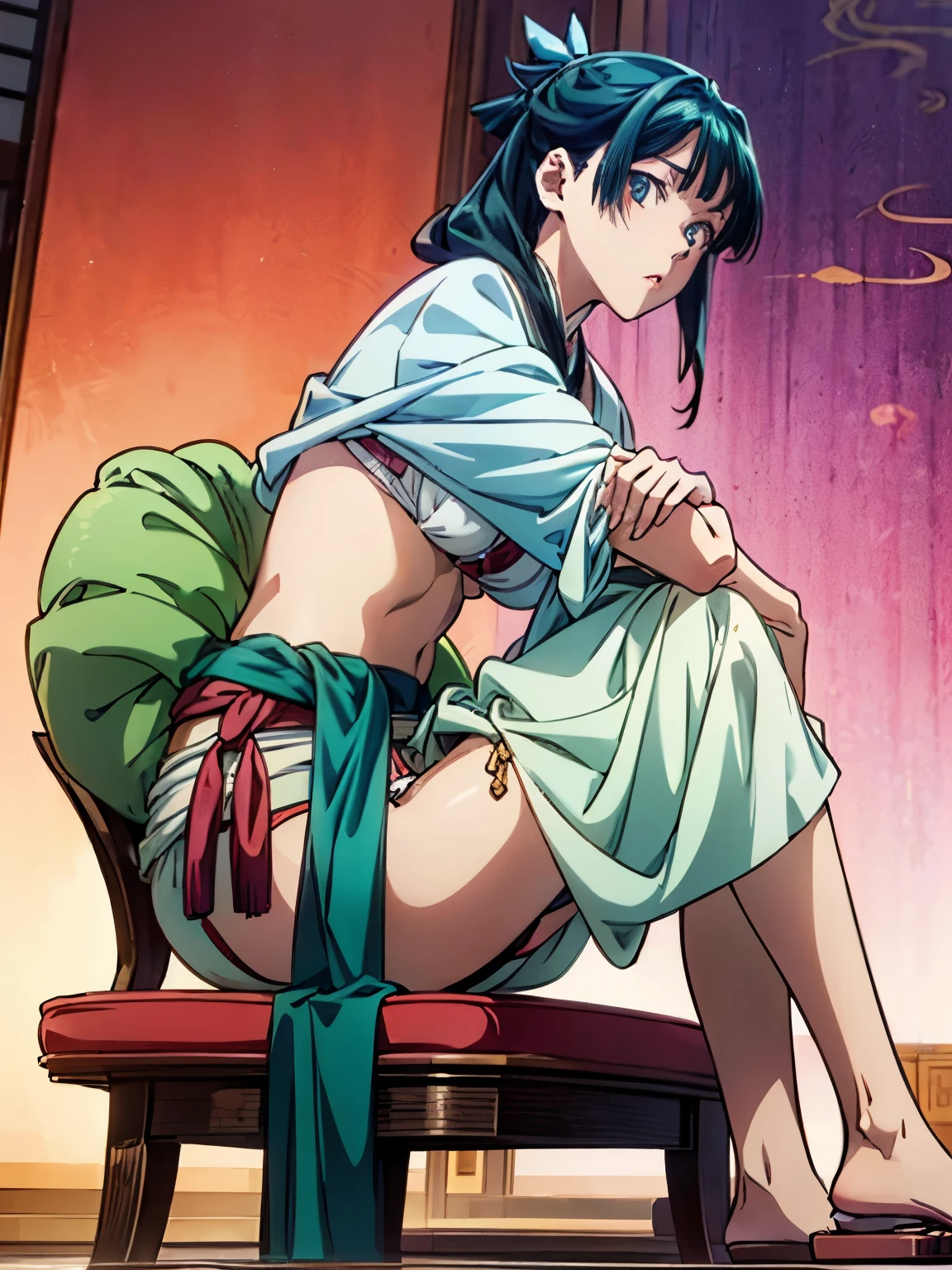 (Masterpiece, High Quality, Top quality, High-Detailed, Detailed CG, Cinematic Shadow, Cinematic Scene, Beautiful Detailed Eyes, Ultra Resolution, Depth of Field, High Resolution, Masterpiece: 1.2), Anime Art style, Very Detailed, Dynamic Angle, Style, Detailed Green Hair, Detailed Blue Eyes, Purple Eye, Slim Body, Sparkling Eyes, Sparkling Detailed Eyes, Hair Accessory, Earrings, Slightly Blunt Bangs, Looking at the Audience, Rope, Cat Ear, Cat Tail, Five Finger, (Angry Expression:1.2), (Chinese Style Lingeries), (Chinese Lingeries), (Chinese Underwear), (Chinese Flower Pattern on Lingeries), (Anime Girl Tied With Rope), Lingeries, Underwear, Good Composition, Legs, Feet, Buttocks, Sweat, Thighs, Small Breasts, Small Size Breasts, Blur Background, Chinese Architectures
