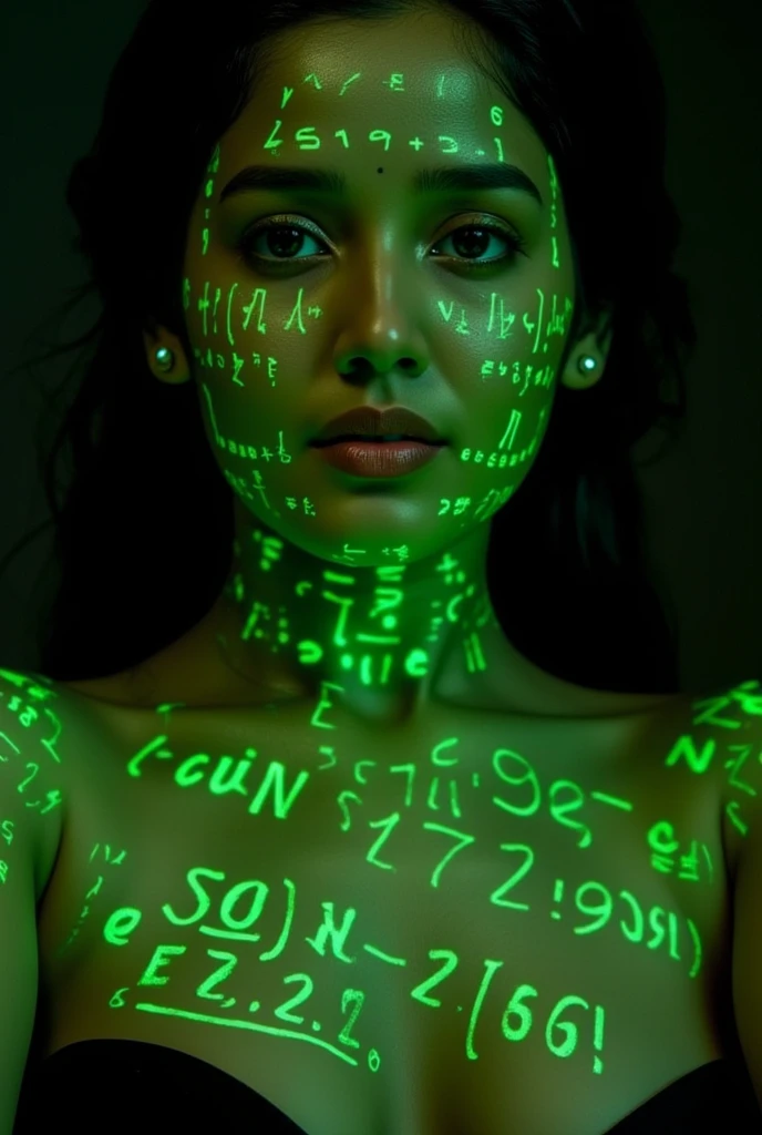 A full-body photorealistic shot of a woman with bright green holographic equations projected onto her skin. She has an intense gaze, with realistic facial features and body contours sharply defined by dramatic lighting. The background is dark, enhancing the cyberpunk aesthetic. The luminous mathematical formulas, styled like handwritten notes, softly glow, creating intricate patterns across her body. The atmosphere is futuristic and high-tech, with a strong contrast between light and shadow that highlights the complex interplay between technology and human expression.