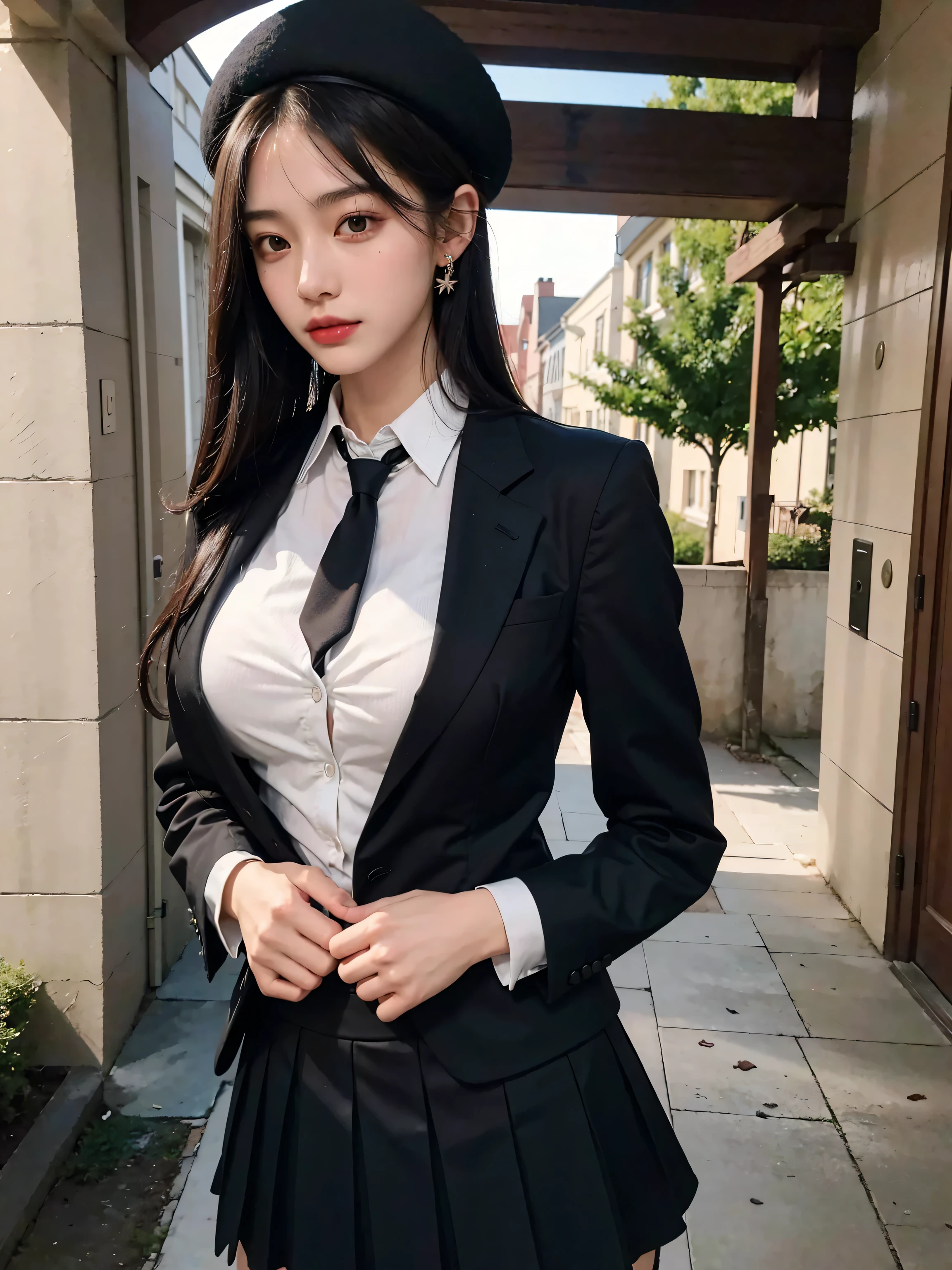 the most beautiful actress in the world, she is 18 years old, the perfect body proportions of this girl, just the lower than her crotch is fully exposed, just the upper than her crotch is fully covered, this girl whose breasts are large is firmly wearing the blazer on the formal shirt, the bare skin of her large breasts are firmly covered by formal shirt under blazer, it's too difficult for the short skirt to cover the panties because it's too short, her bare thighs, the lower than her knees are out of this picture frame, her head is barely within this picture frame, only one description of this picture, at city street, standing, nsfw, best quality, highly detailed, masterpiece, ultra high res, photo realistic, 8k
