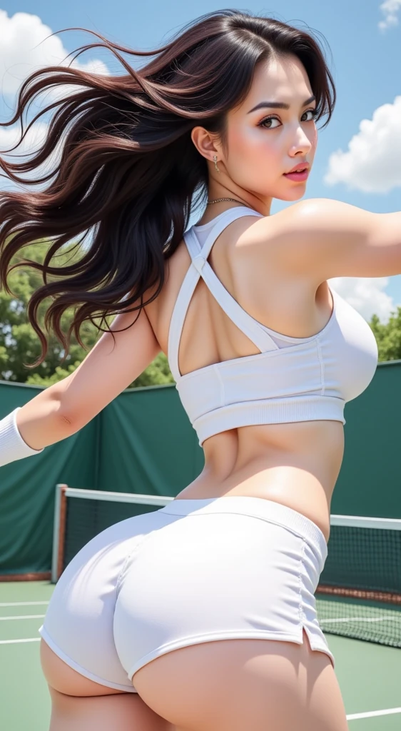 A beautiful woman in tight gray shorts and a white vest poses on a tennis court, tightsuit, Slim waist and thick hips, Big breasts Thin waist, Waist fit, back stance, Skinny woman, healthy woman, Fits the body, Medium Shot Shot, exposed waist!!!, Bare with thighs!!!, Skinny blue T-shirt, Waist circumference - shooting, Almost thin man, tight business suit, Photo fit, wearing simple, Tight clothing, Strike majestic hot poses