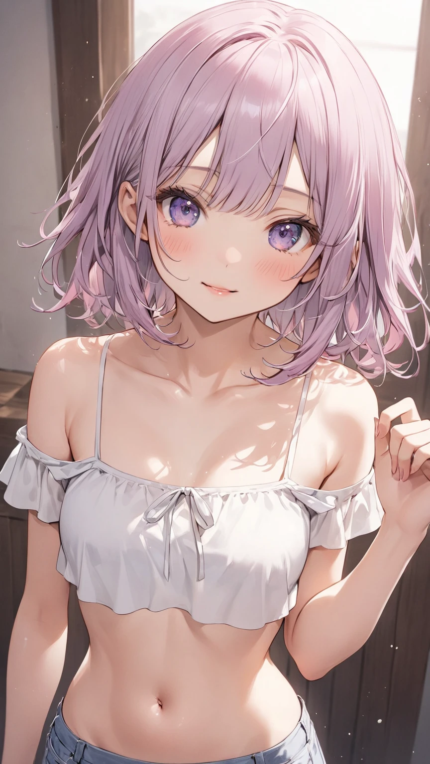 ((best quality)), ((masterpiece)), (detailed), perfect face. Asian girl. Pink hair. Blue eyes. Topless. Small breast. Bottomless.