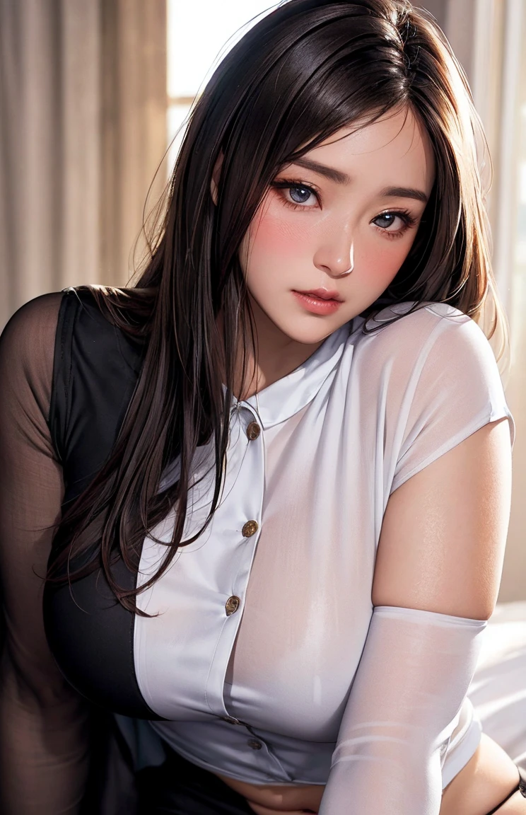 (Highest quality、Tabletop、、Best image quality、Award-winning works)、Cute school girl、けたWhite polyester collared shirt、Short sleeve:1.4)、(Navy Pleated Skirt:1.1)、Portrait of、Glowing Skin、Brown Hair、Are standing、Sculpture Pose、(The simplest pure white background:1.1)、(Extremely large face and larger breasts:1.8)、Accentuate your body lines:1.1)、Very large red ribbon tie、((High point ponytail:1.35))、smile、((naked))
